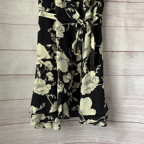 Free People French Quarter Black Cream Floral Print Dress Wrap Front Ruffle - Picture 3 of 15